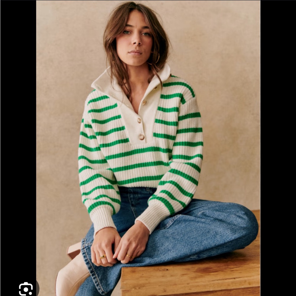 Sezane Green and Cream Striped Sweater